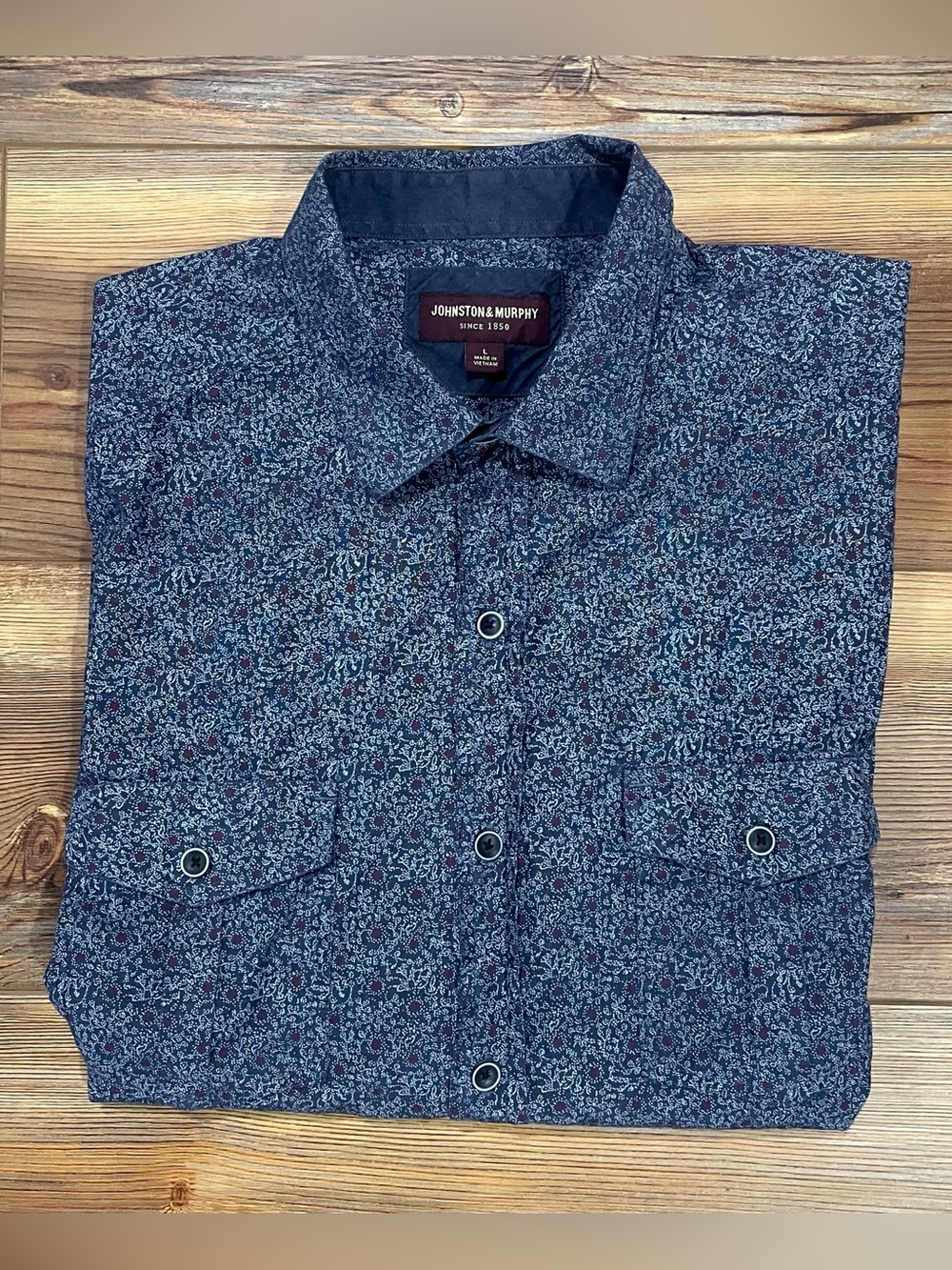 Johnston & Murphy Short Sleeve Button Up Shirt Size Large Blue Floral Casual